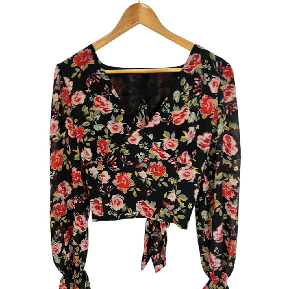 Women's Dynamite Black & Red Floral Long Sleeve Blouse Size L - Picture 3 of 10